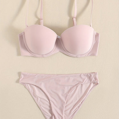 Smooth lingerie set including seamless bra, balconette bra, and bikini panties for women.