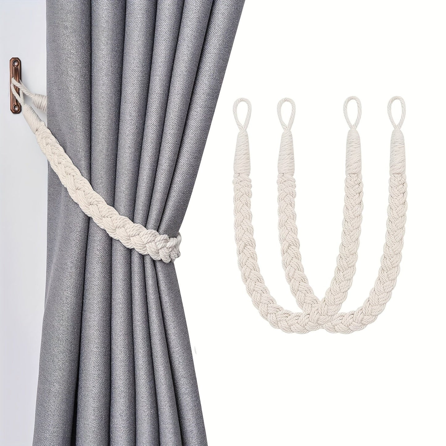 Two pieces of elegant bohemian style hand-woven rope curtain tiebacks featuring metal hooks - perfect for adding a natural decorative touch to your home or office. These soft braided design holdbacks are the ideal curtain accessories.