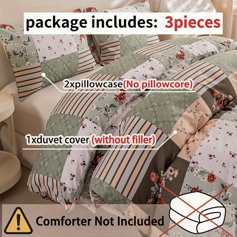 King Size Duvet Set with Elegant Floral & Geometric Prints - Includes 1 Duvet Cover and 2 Pillowcases, Made of Soft Polyester with Zip Closure, Machine Washable for All-Season Comfort in Bedroom & Guest Room, Set of 3 Pieces