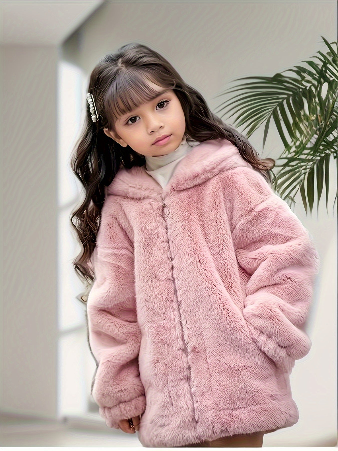 Kid's faux mink fur coat with bear ears hood for warmth in cold weather.