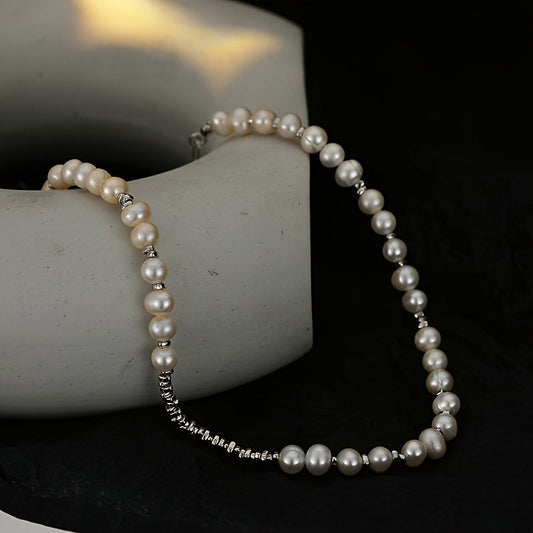 Vintage-Inspired Choker Necklace with Elegant Freshwater Pearls - 925 Sterling Silver, Ideal for Everyday Wear and Music Festivals