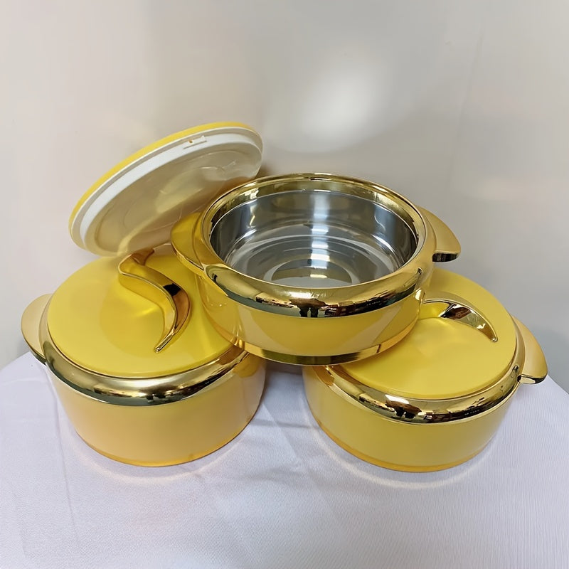 Set of 3 thermal casserole dishes with stainless steel construction and lids - Keeps food insulated for hot and cold meals, perfect for serving on buffets or office tables. Ideal for keeping dishes warm and fresh.