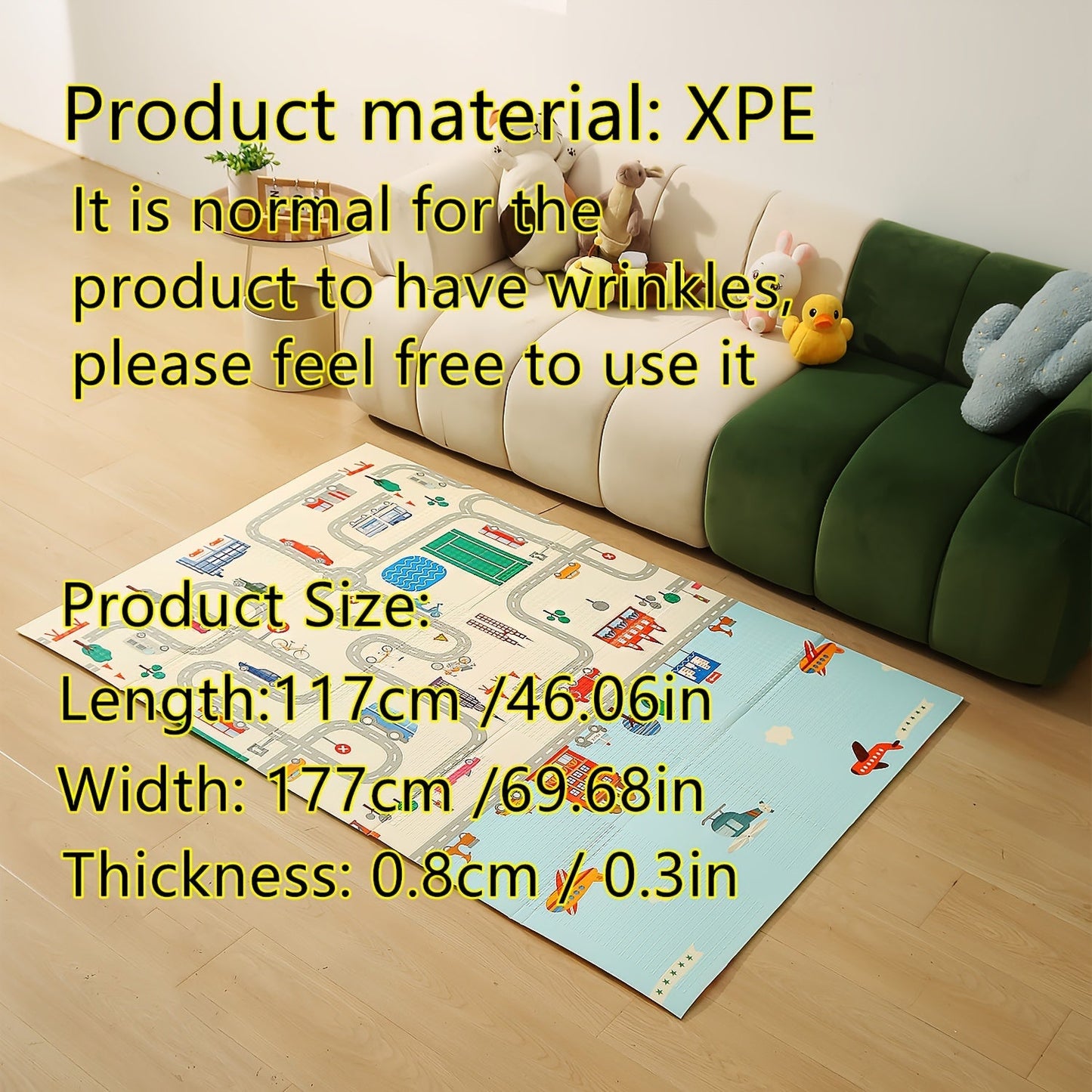 This double-sided XPE crawling mat is foldable and measures 176.99cm x 116.84cm. Featuring a cute animal pattern, this waterproof mat is easy to clean and perfect for youngsters. Suitable for indoor use, this hypoallergenic and odorless play mat provides