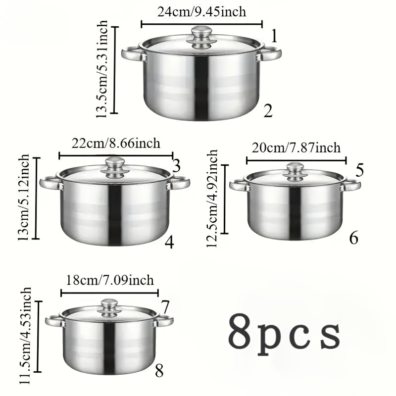 Stainless Steel Cookware Set with Lids - 8 Pieces, Induction Compatible, Soup Pot & Saucepans for Home & Restaurant Use - Perfect for Holiday Gatherings, Durable and Stylish