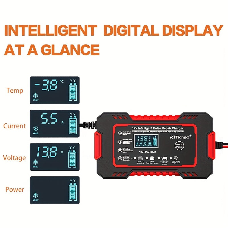 Car Battery Charger for 12V 2-100Ah batteries with desulfation and temperature compensation, designed to maintain car batteries.