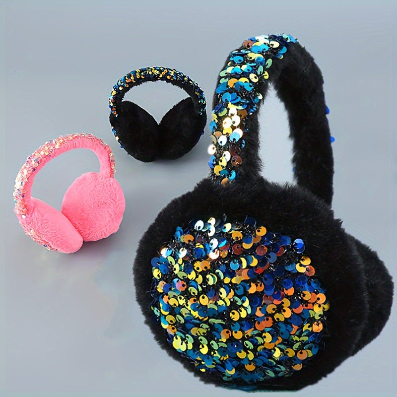 Cozy up for winter with these cute plush cartoon earmuffs adorned with sequins. Stay warm and fashionable with these plush ear covers.