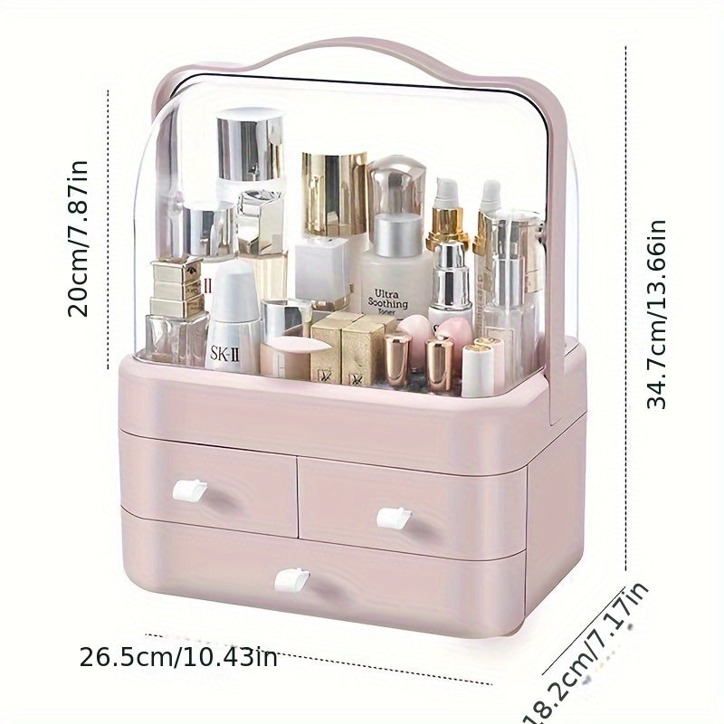 1pc Dust-Proof Cosmetic Storage Organizer, Plastic Makeup Holder with Drawers, Portable at 26.49 x 18.21 x 34.7 cm for Vanity or Bathroom Use