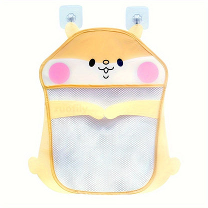 Penguin, hamster, and bear design bathroom storage organizer with water resistant mesh, suction cups for shower, and plastic hanging bag.