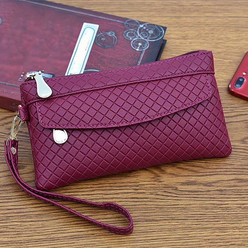 Women's Argyle Quilted Clutch with Multiple Zippers, Wristlet Bag for Phone and Coin