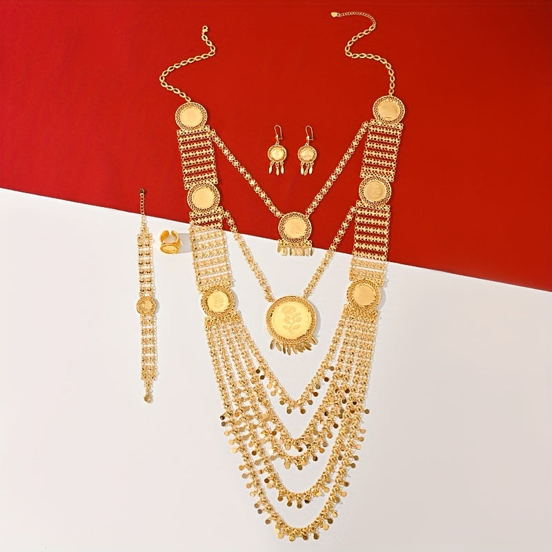 Stunning 18K Gold-Plated Copper Jewelry Set for Women - Boho-Chic Pendant Necklace & Layered Earrings, Ideal for Parties & Effortless Glamour