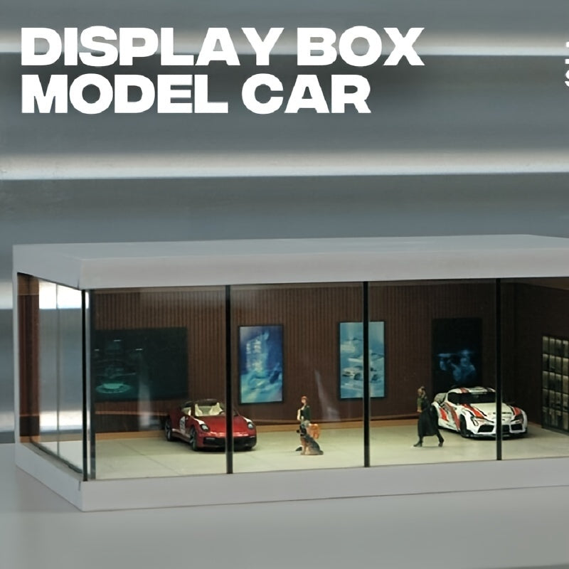 1/64 Scale Transparent Acrylic Car Model Display Case with Dust Cover - Multi-Level Garage Showroom Scene with Lighting Effects, Stackable PVC Storage Box for Collectibles (Brown, Blue