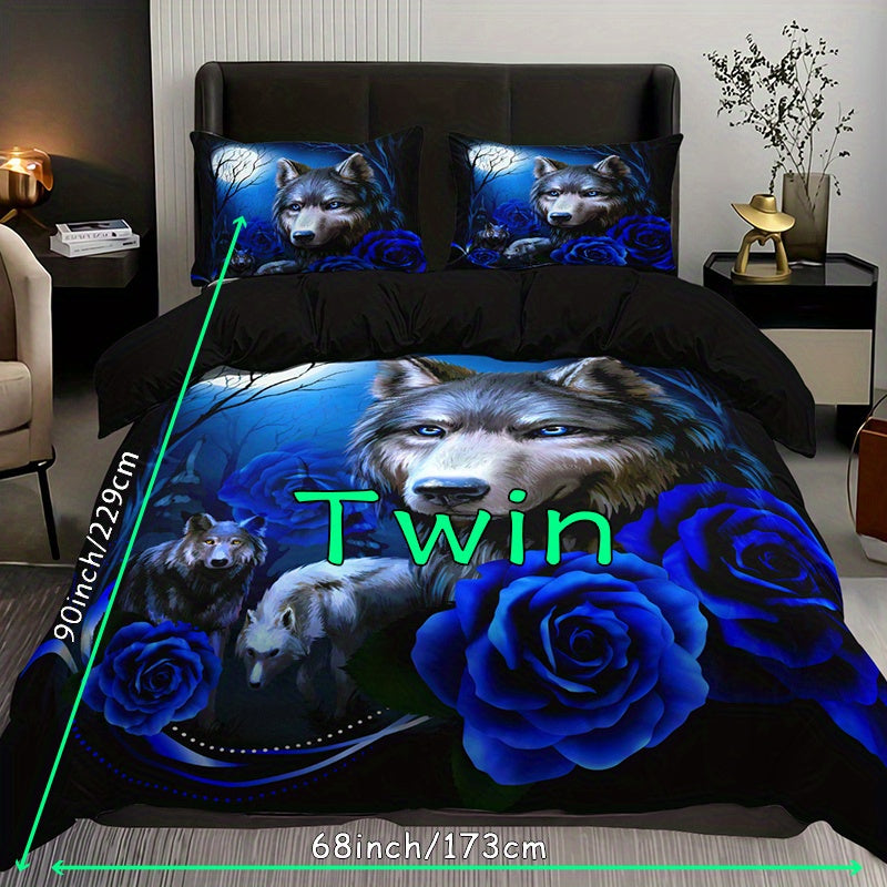 Fashionable 3-piece Duvet Cover Set featuring a striking Wolf Blue Rose Print design. This bedding set is made of soft, comfortable, and breathable material, perfect for adding style and comfort to your bedroom or guest room. Set includes 1 Duvet Cover