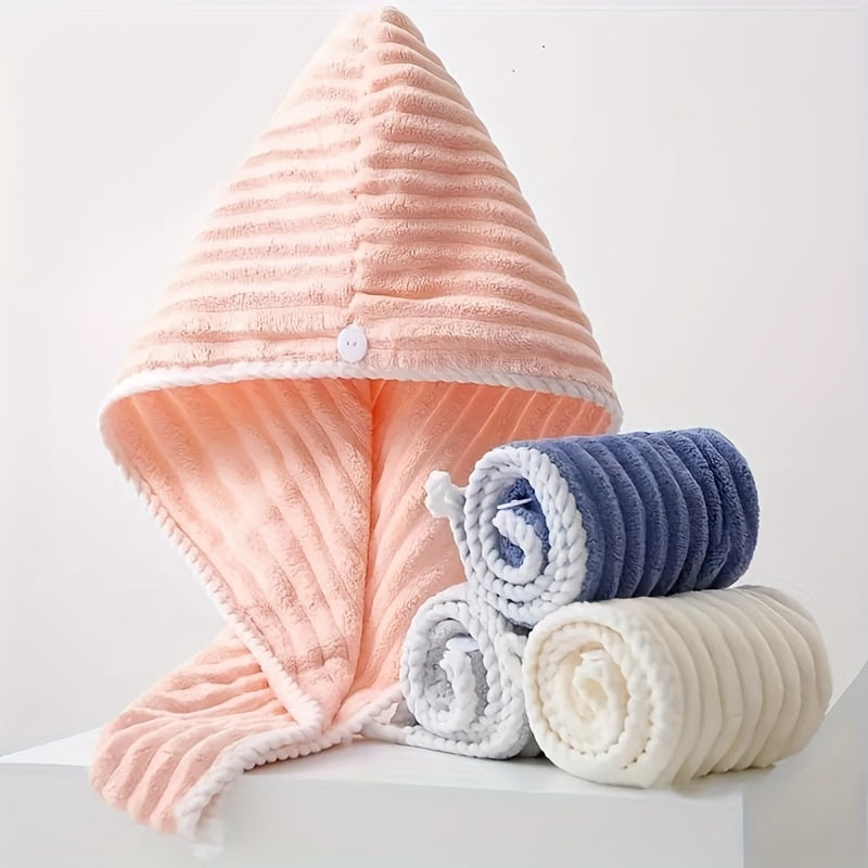 Stay dry and stylish with our Ultra-Soft Coral Fleece Hair Towel Wrap. Made with quick-drying ultra-fine fibers, this pink striped design is perfect for long and short hair. Elevate your bathroom routine with this versatile accessory that can be used as