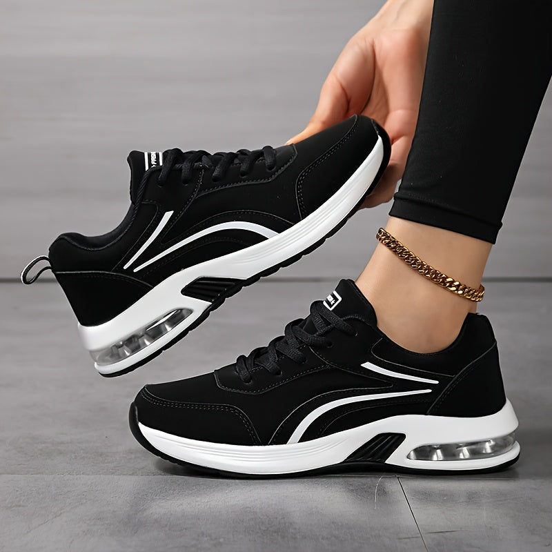 Women's fashion sneakers with non-slip waterproof sole, lace-up design, microfiber upper, and PU sole.