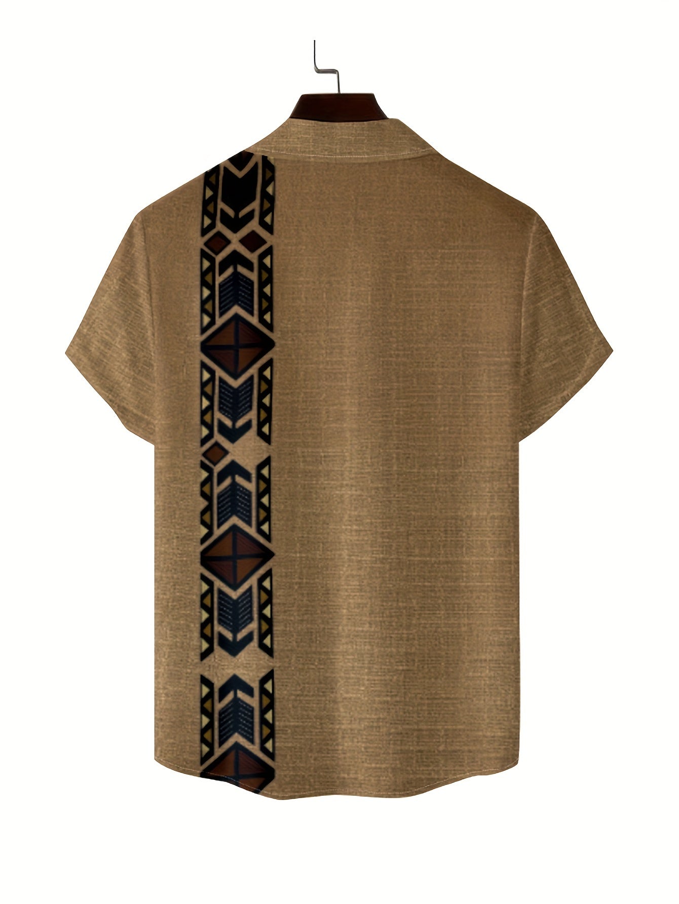 Men's lightweight khaki casual shirt with tribal 3D print featuring short sleeves, button-up collar, geometric pattern. Perfect for summer resort and outdoor wear, made with a polyester