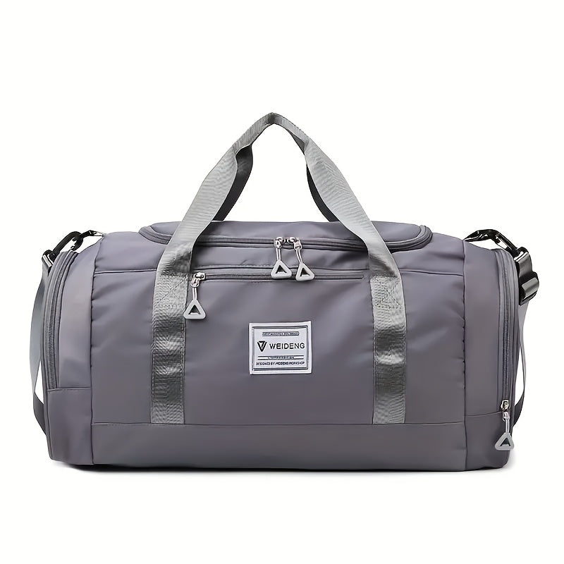 Black Oxford cloth gym duffel bag with shoe compartment; hand washable for sports and travel.