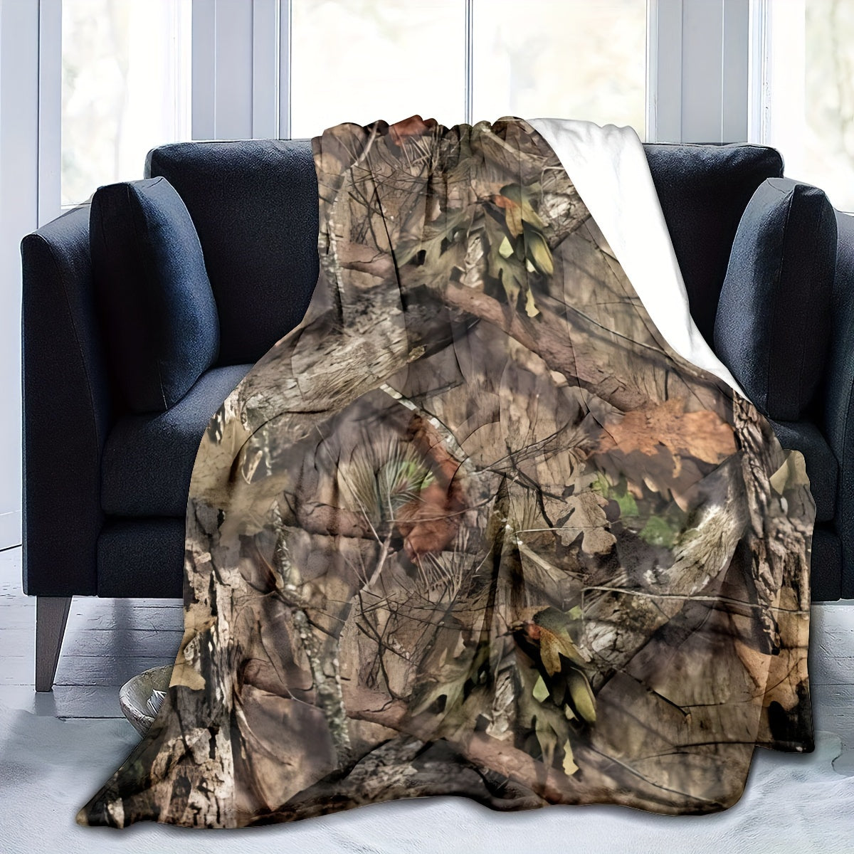 Ultra-clear digital print flannel hunting camouflage forest blanket, incredibly cozy and snug, perfect for outdoor adventures, traveling, staying cool indoors, or catching a quick nap.