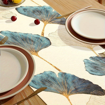 Durable blue green golden ginkgo leaf pattern table runner for rustic farmhouse decor.