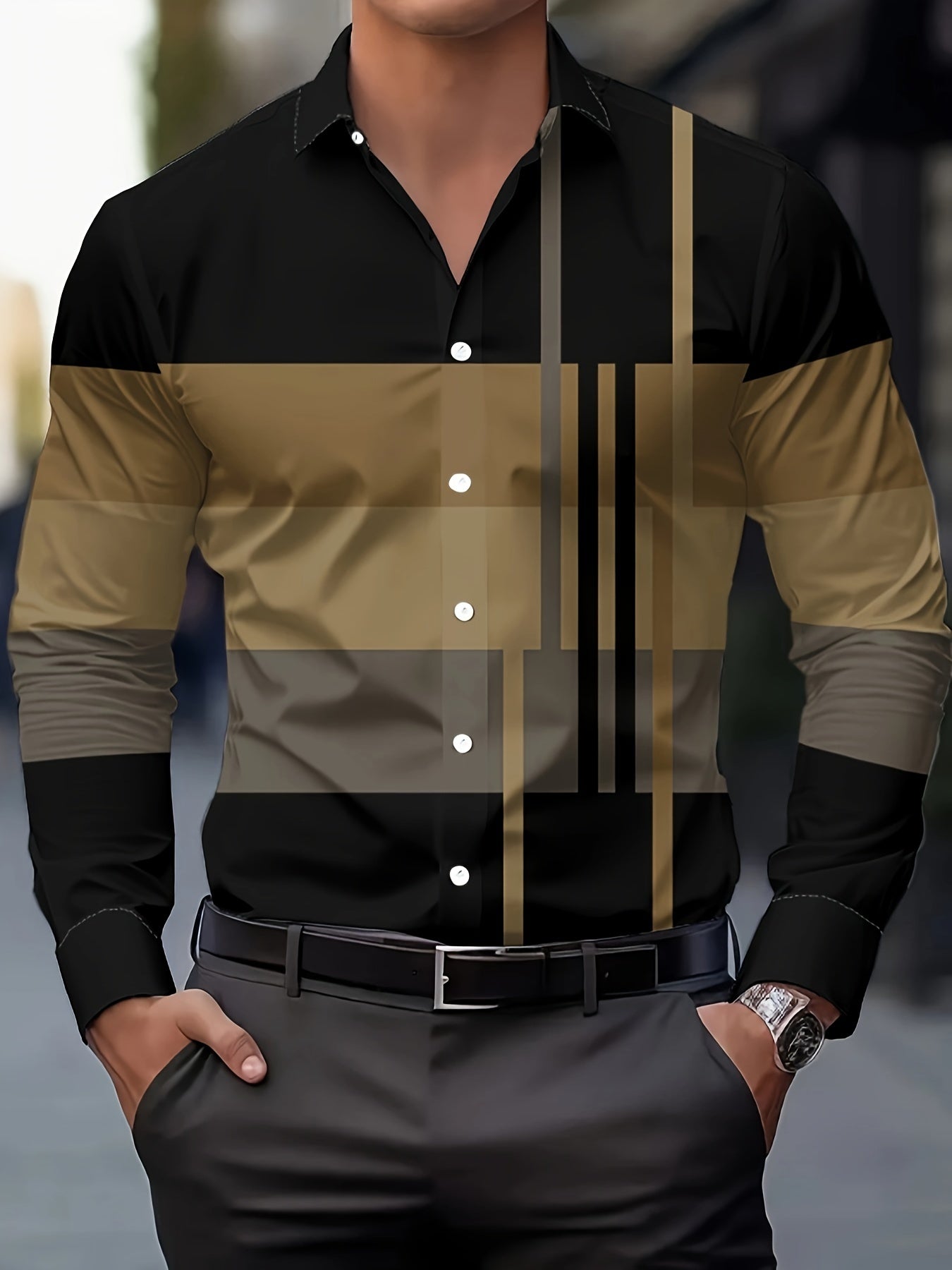 Men's Stylish Printed Shirt, Casual, Breathable Long-Sleeve Button-Up for Spring and Autumn.