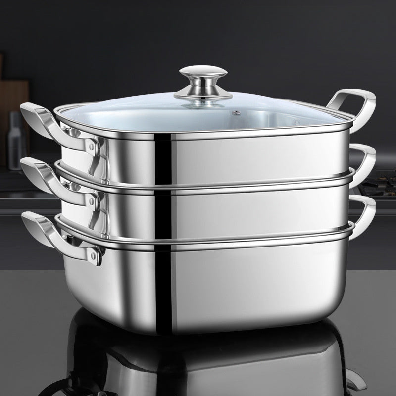 One piece of Stainless Steel 12-Inch Square 3-Tier Steamer featuring a Glass Lid, High Capacity, Durable Construction, Simple Maintenance, Versatile Kitchen Cookware