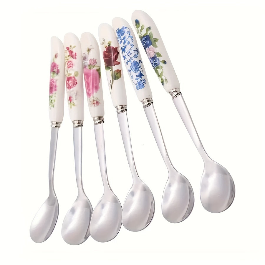 Set of 6 OUKEAI Floral Ceramic Handle Coffee Spoons with Stainless Steel - Ideal for Stirring, Sweetening, Scooping Ice Cream & Soups - Stylish Kitchen and Dining Utensils featuring Rose, Pearl, and Lace Patterns