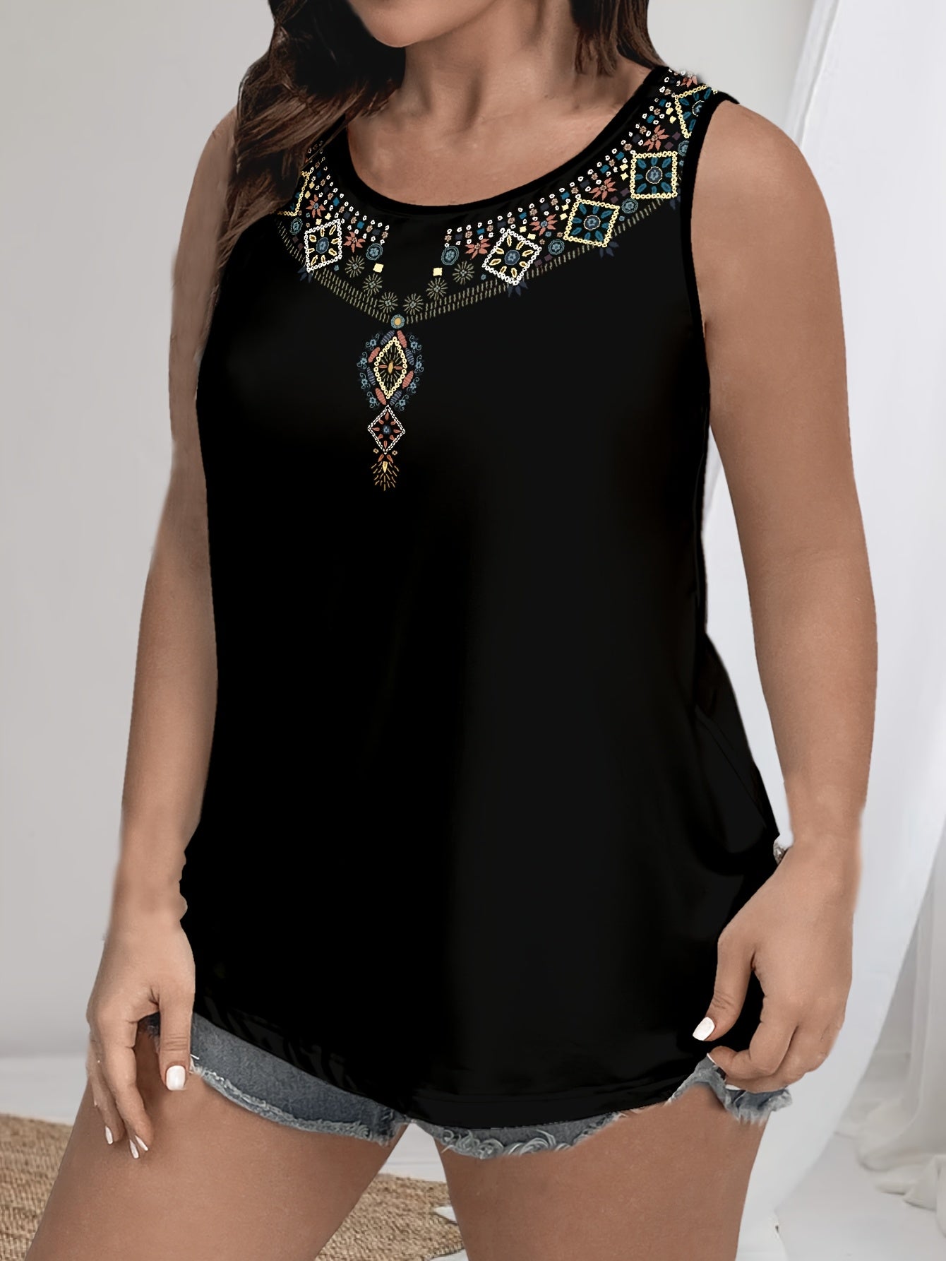 Stylish sleeveless tank top for plus-size Black women with Bohemian ethnic print.