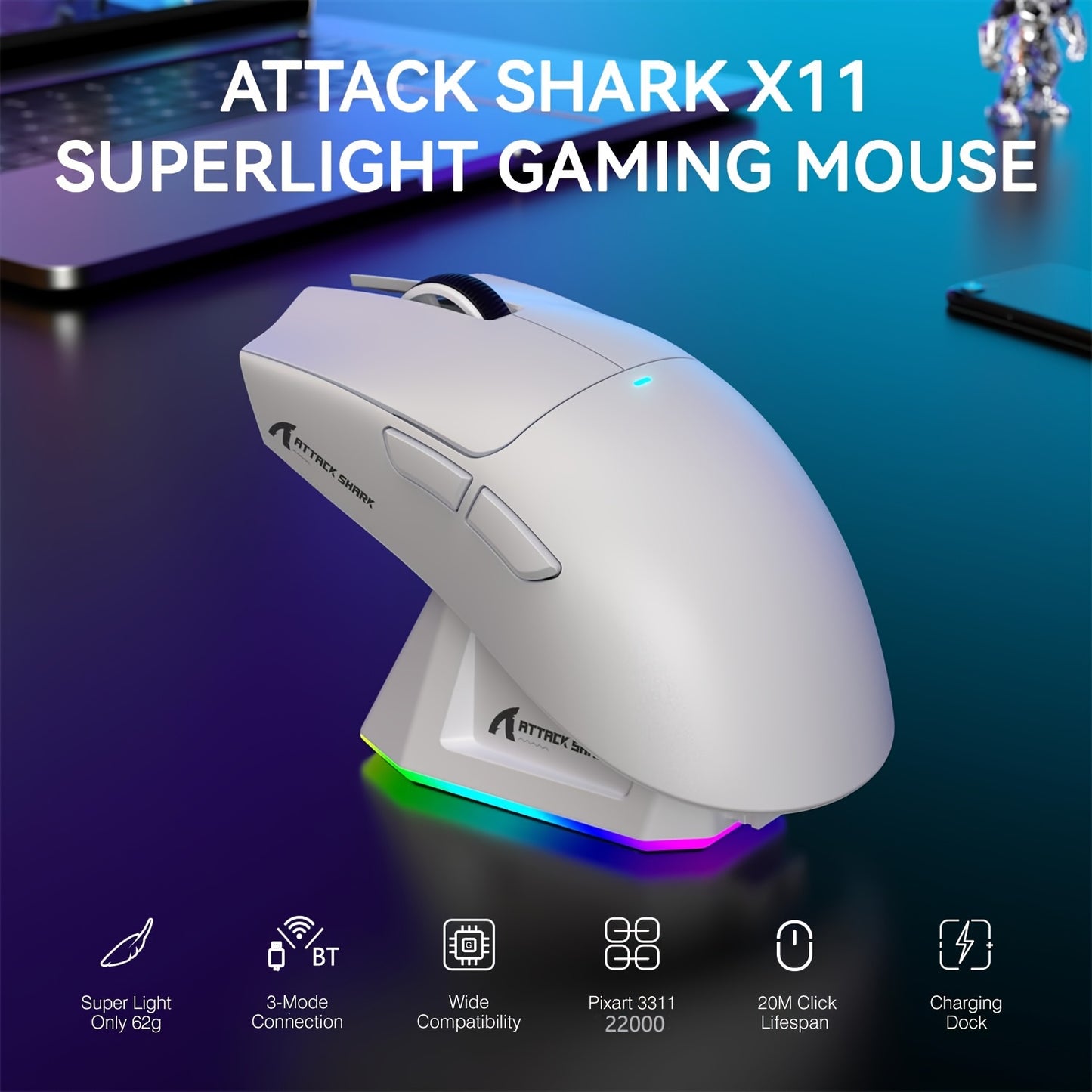 ATTACK SHARK X11 Wireless Gaming Mouse with RGB Charging Dock, Lightweight 59g, Tri-Mode, Up to 22K DPI, for PC/Mac, Return School