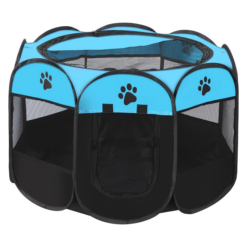 Portable foldable pet playpen with carrying case, collapsible travel bowl, water resistant shade cover for indoor/outdoor use.