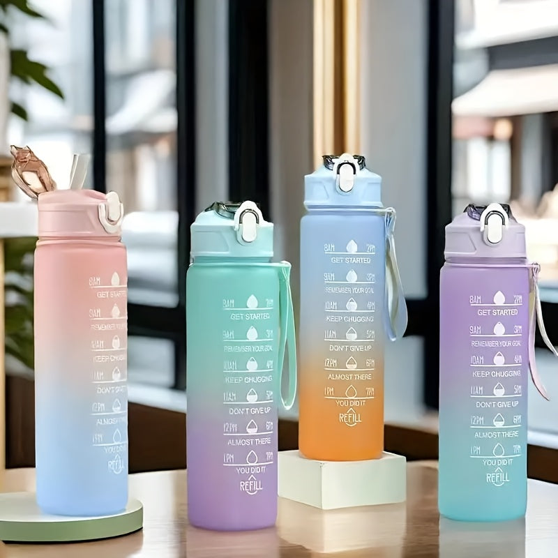 Gradient design sports water bottle with leakproof, portable, and large capacity, ideal for outdoor activities and daily use. Comes in transparent and gradient variations.