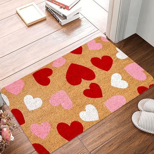 Valentine's Day Heart Door Mat - This machine washable, stain-resistant mat made of low pile polyester is perfect for indoor or outdoor use. Featuring a romantic red, pink, and white design, this easy-to-clean, machine-made rectangle rug is ideal for