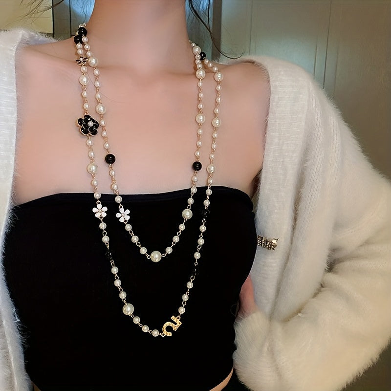 Retro Style Long Sweater Chain Necklace with Bright Glass Faux Pearls, Luxury Multilayered Niche Design, Vintage-Inspired Stackable Jewelry Gift