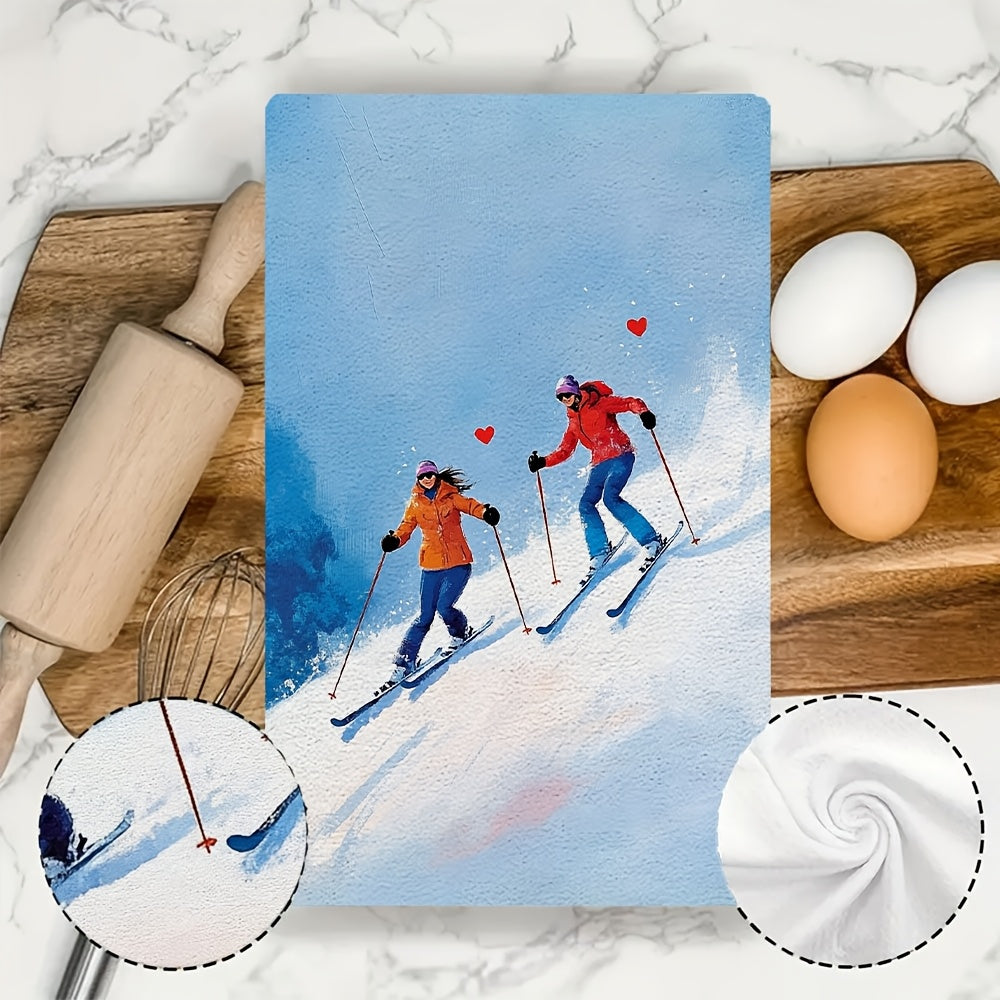 Add a touch of charm to your kitchen with this set of two ultra-soft dish towels adorned with a delightful illustration of a couple skiing gracefully down a snowy hill. The skiers move side by side, executing elegant turns with ski poles featuring