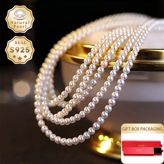 Introducing the MUFAN Vintage Luxury Freshwater Pearl Necklace, featuring natural 3-4mm round pearls and crafted in S925 silver. This elegant piece is the perfect June birthstone gift, presented in a gift box for timeless elegance on any occasion. With