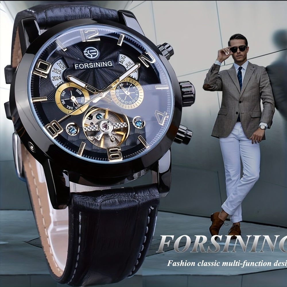 Exquisite Tourbillon Fashion Men's Automatic Mechanical Watch with Stunning Wave Design in Black and Gold, Featuring Multifunction Dial Display on Wristwatch