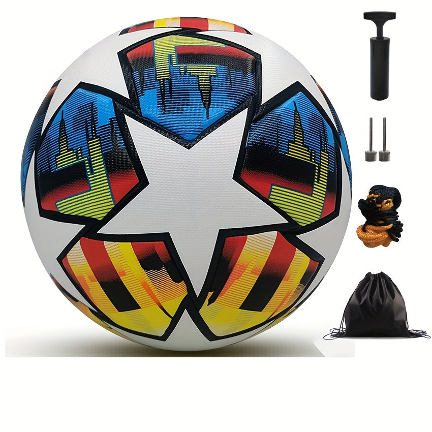 Size 5 faux leather soccer ball with seamless, thermal-bonded black and white design. Includes inflation pump, net, and accessories. Suitable for official matches and training. High-quality