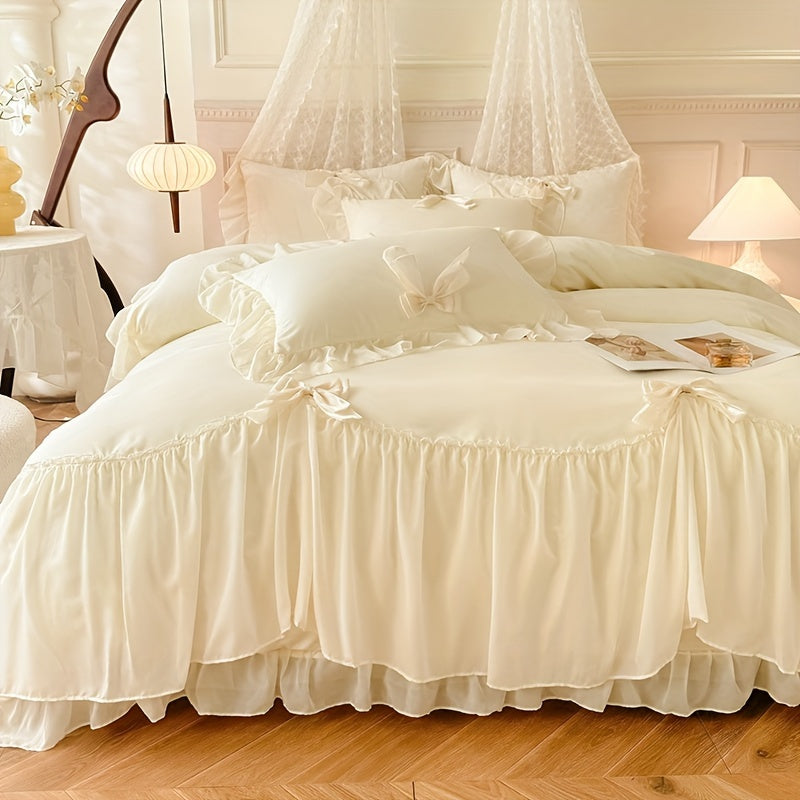 3-piece Princess Style Beige White Duvet Cover Set with French Lace Embellishments. All-Season with Zipper Closure, Machine Washable. Made of 100% Polyester Woven Fabric, 140-160G. Insert