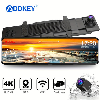 ADDKEY 30.48cm Dual Dash Cam with GPS, 4K Front & 1080P Rear Cameras, OLED Display, WiFi, G-Sensor Parking Assistance, USB/Battery Powered, 400mAh Battery