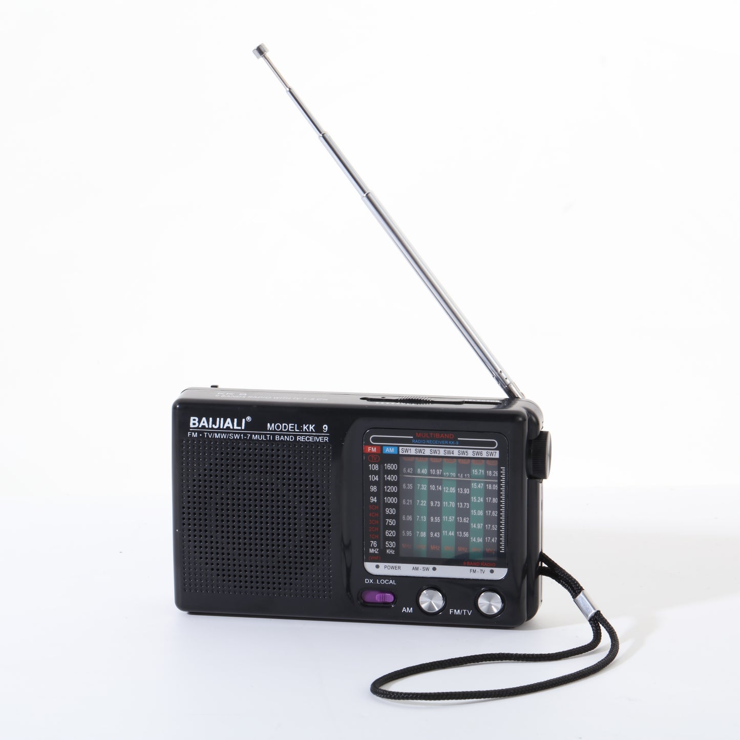 KK-9 is a portable transistor radio with AM, FM, and SW1-7 bands, loud speaker, headphone jack, and operates on 2AA batteries for indoor, outdoor, and emergency use.