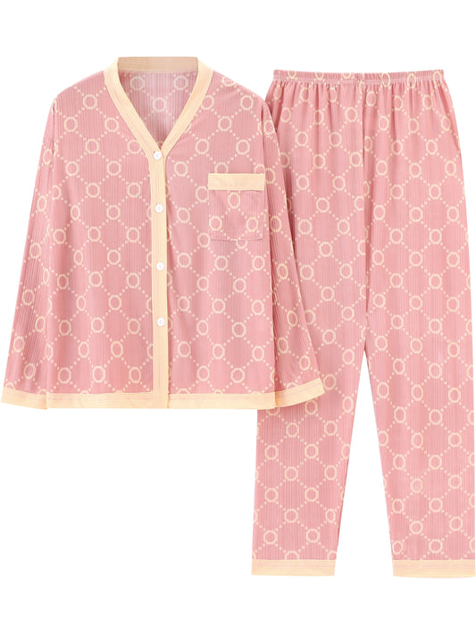 Korean spring and autumn style pajama set with open front and extra large fatty pink home wear set.