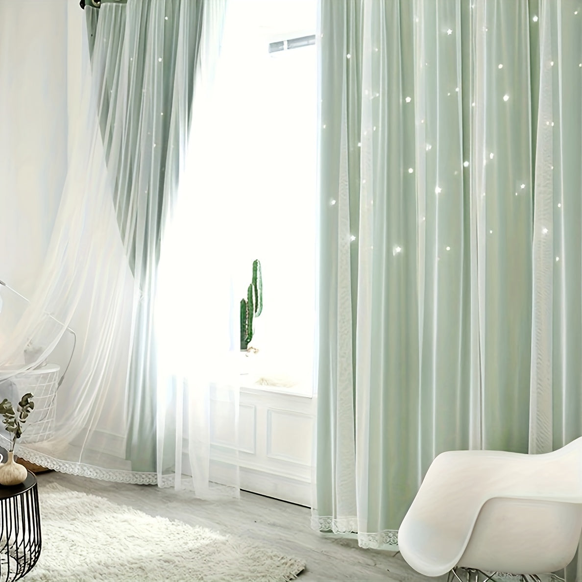 Upgrade your living space with our Modern Hollow Star Curtains. With two layers of soft, breathable fabric, they are perfect for adding a touch of elegance to your living room, bedroom, or study room decor.