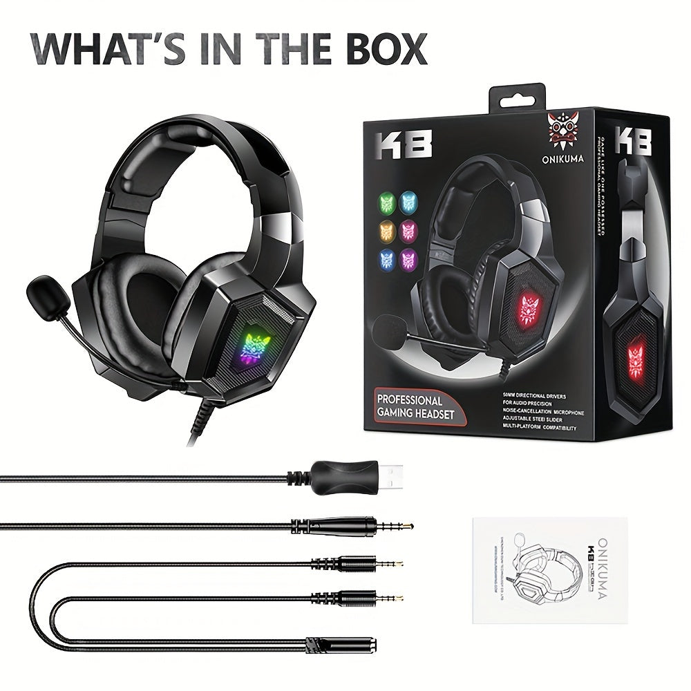 ONIKUMA K8 Wired Gaming Headphones with Noise-Canceling Mic, LED Lights, 360° Rotating Ear Cups, USB-Powered for Crystal Clear Sound and Immersive Gaming.