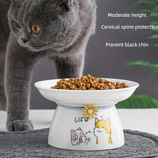 Ergonomic Ceramic Cat Bowl with Anti-Tip Design, Cute Cat Face Decor, White Color, Moderate Height for Food & Water, Prevents Neck Strain, Easy to Clean, Bacteria-Resistant.