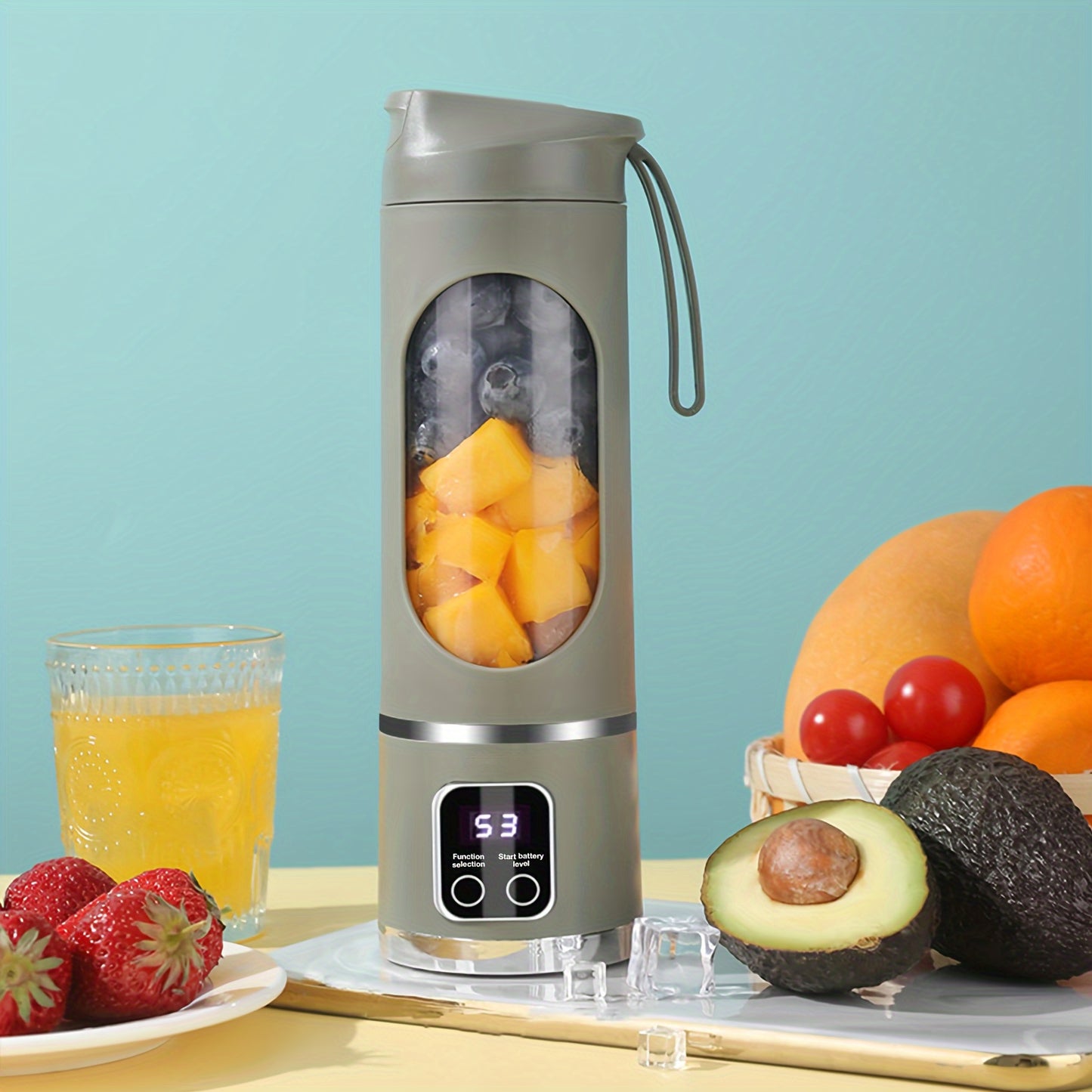 Portable Genai HS-860 citrus juicer with 450ml capacity, USB rechargeable, detachable design, non-slip base, push-button control, easy to clean, food-grade ABS cup.