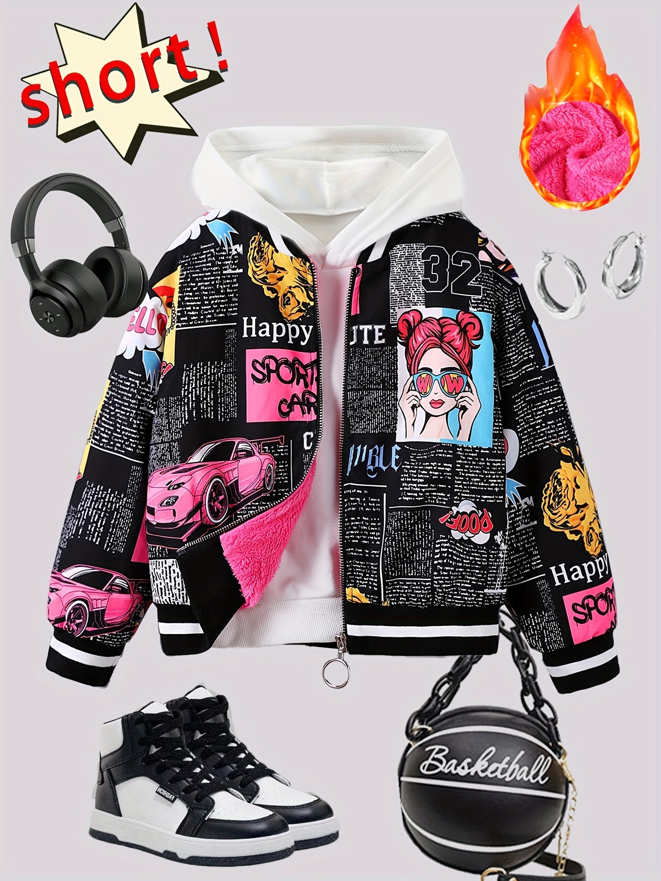 Cozy fleece-lined bomber jacket for girls in pop art print, perfect for fall/winter. Available in sizes 130-170.