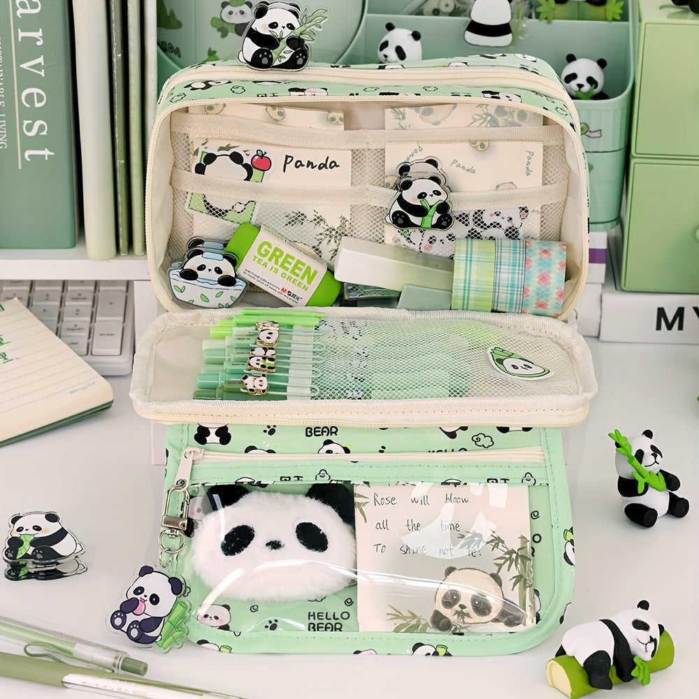 Panda cartoon pencil case with multi-layer organizer for pens, pencils and accessories. Stylish storage for boys and girls.