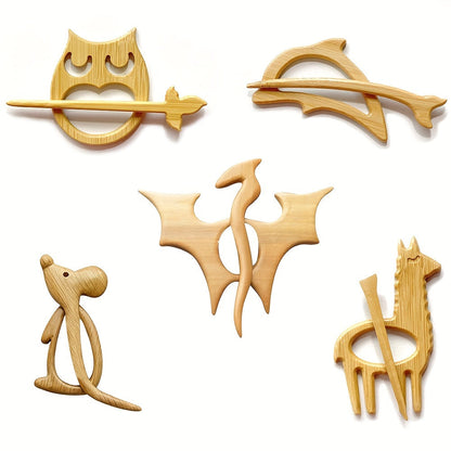 Creative Fashion Wooden Animal Pattern Brooch Set of 3 or 5 - Unique Design Wooden Animal Brooches and Sweater Clips