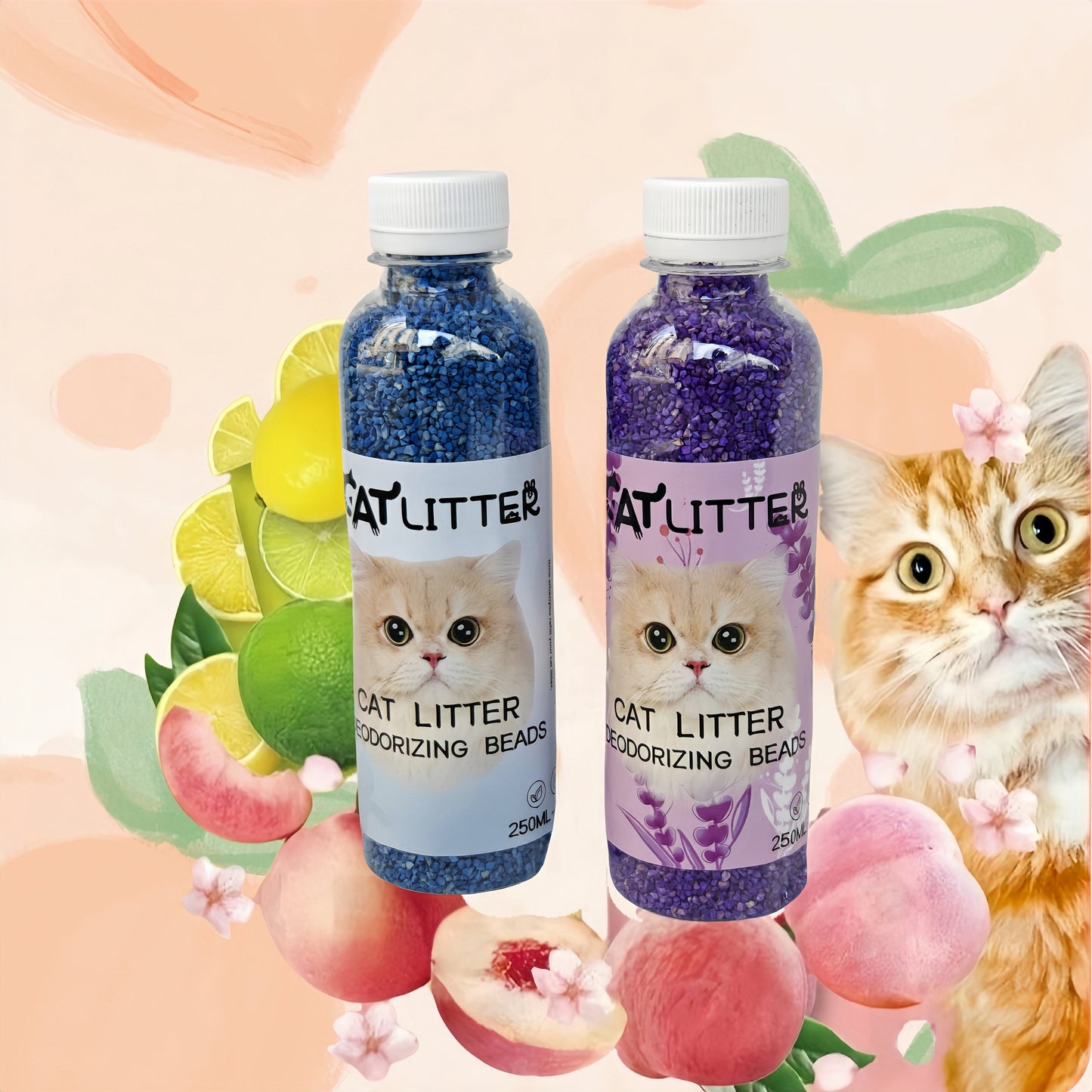 Plant-based pet deodorizing beads with fresh scent for litter boxes, eliminates odors and keeps pet's environment clean and fragrant.