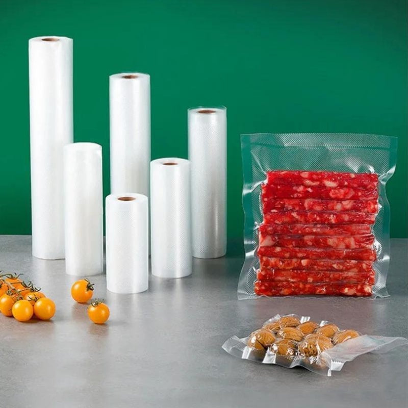 Set of 5 reusable vacuum sealer bags with strong puncture resistance, safe for freezer storage, no electricity required. Ideal for preserving and storing food.