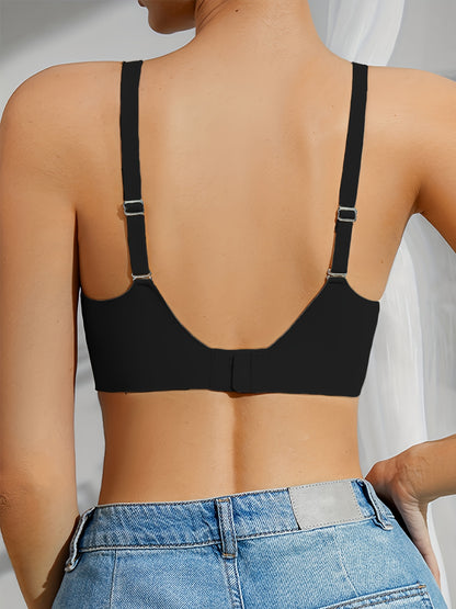 Wireless V-neck bra with removable pad and seamless jelly cup, for all-day comfort.