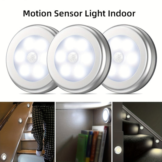 Motion Sensor Light, Indoor LED Night Light, Cordless Battery Operated, For Cabinet Kitchen Step Bedroom Bathroom. Available in 1pc, 3pcs, or 6pcs.